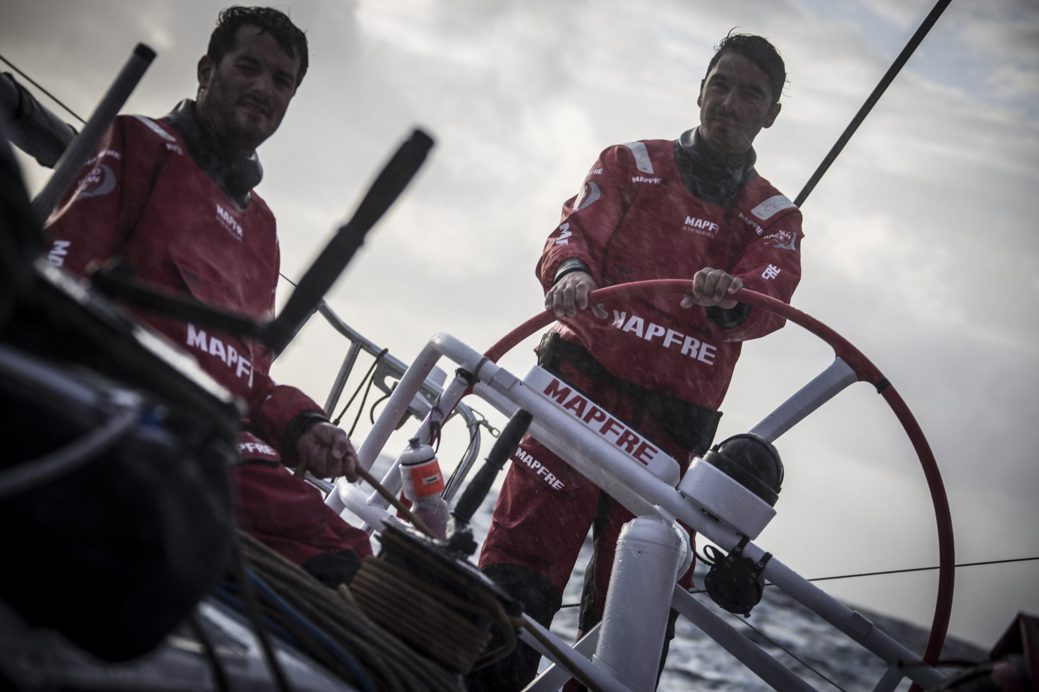 April 29, 2015. Leg 6 to Newport onboard MAPFRE. Day 10. Andre Fonseca, aka Bochecha, and Carlos Hernandez early this morning.