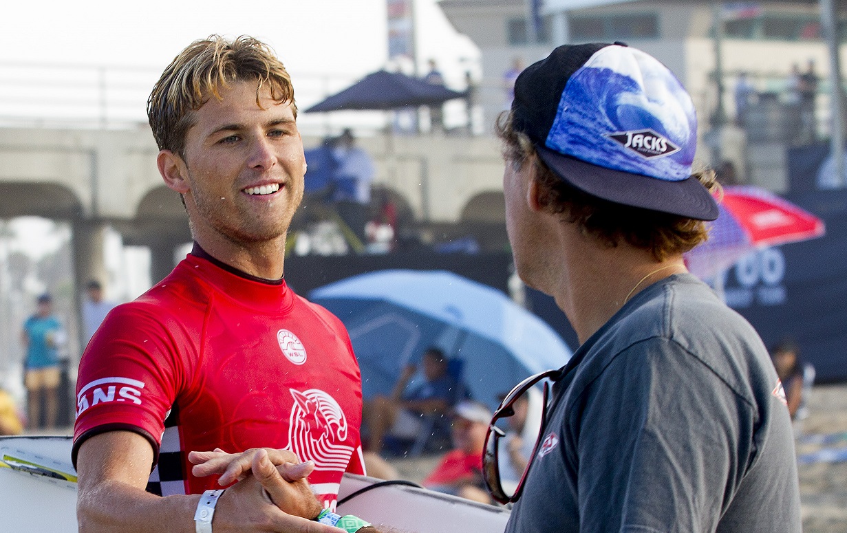 Jesse Mendes of Brasil will surf in Round Three of the US Open after placing second in Heat 23 of Round Two at Huntington Beach, California, USA.