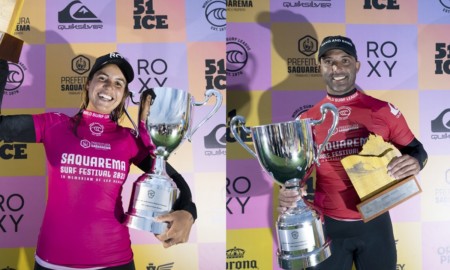 Chloe Calmon e Rodrigo Sphaier festejam os títulos sul-americanos de Longboard